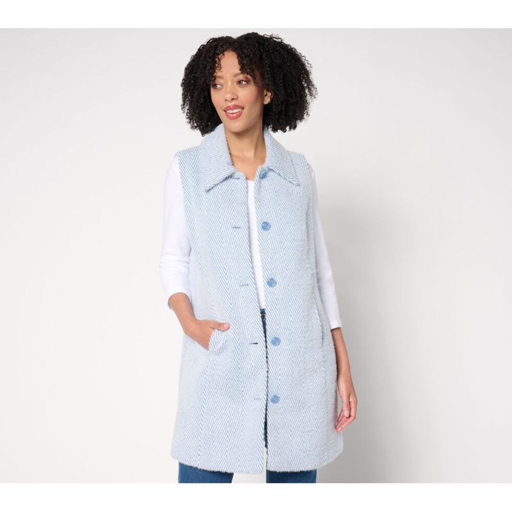 Susan Graver Women's Petite Jacket PXS Knit Jacquard Duster Vest Blue A673973